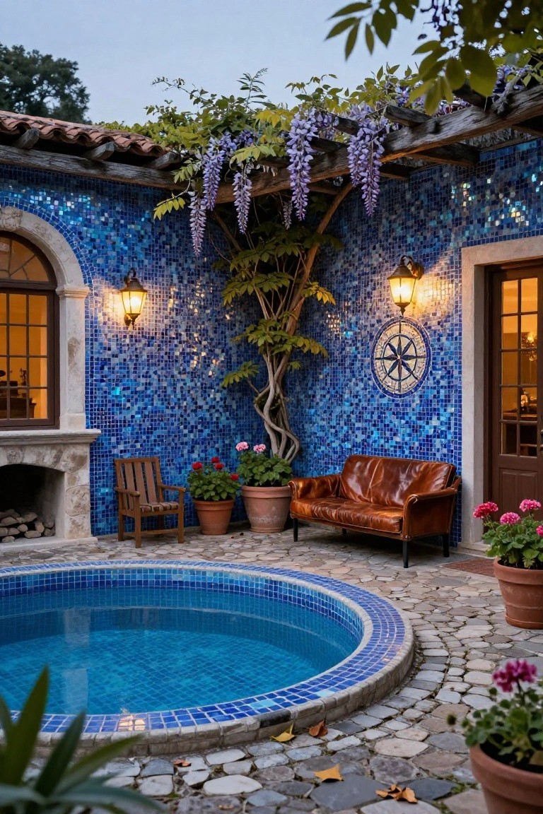 Outdoor courtyard with blue mosaic tiled walls surrounding a circular blue-tiled pool, featuring a leather sofa, wooden chair, potted plants, fireplace, lanterns, and wisteria vines overhead.