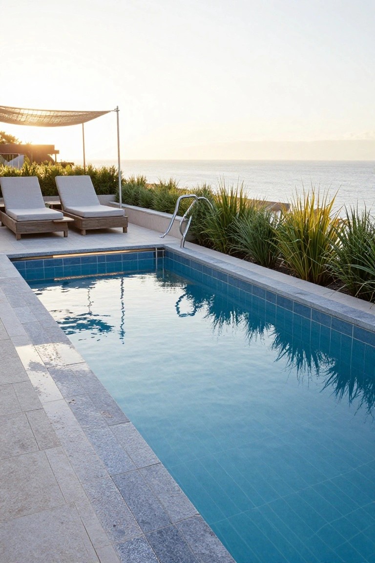 Rooftop infinity pool with blue mosaic tiles and clear water, overlooking the ocean, with two white lounge chairs nearby and grasses along the edge.