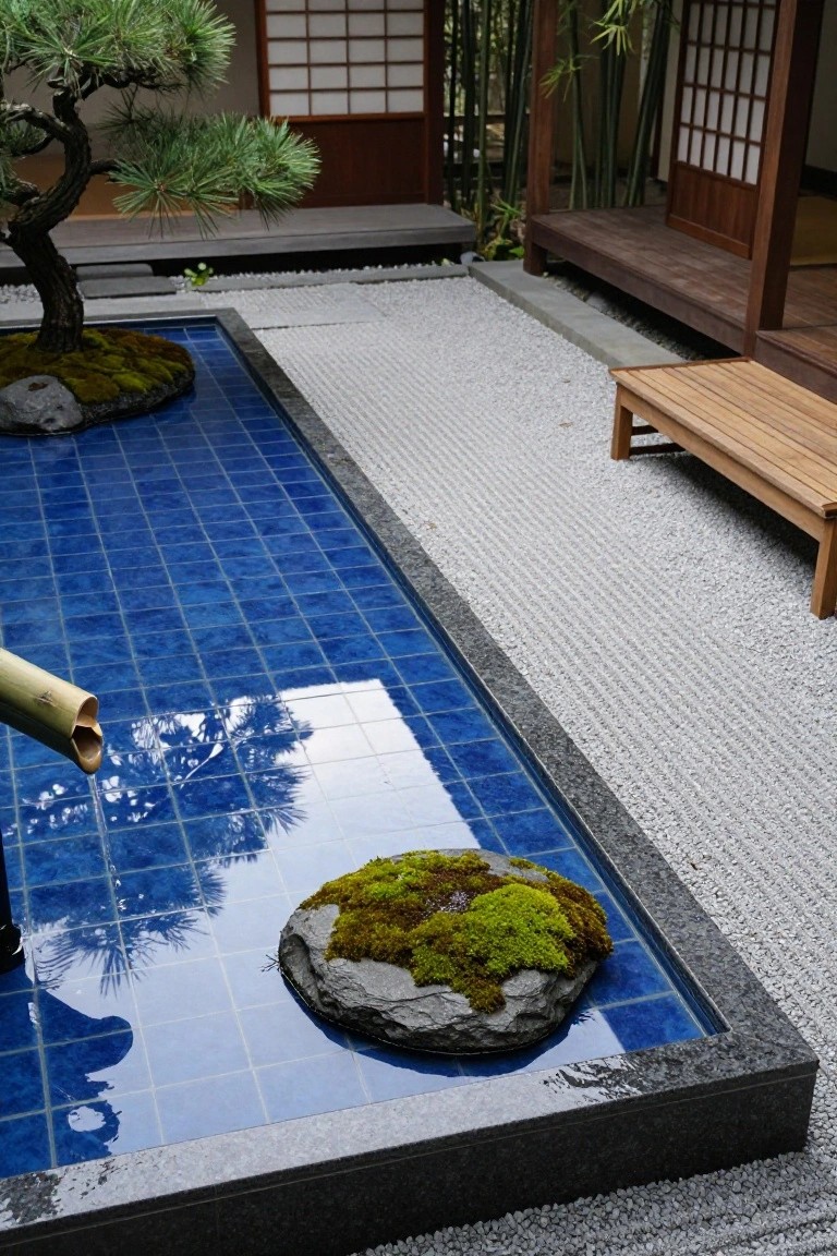 Rectangular blue-tiled pool in a zen garden featuring a moss-covered rock island, bamboo fountain pouring water, bonsai tree, raked white gravel, and wooden benches with shoji screens nearby.