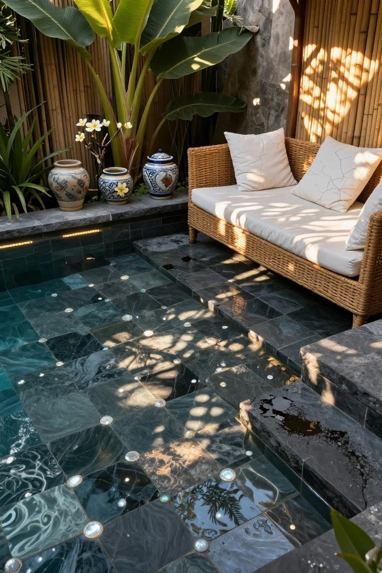 Small rectangular pool with dark green-black slate tiles embedded with shiny shell accents, adjacent to a wicker daybed with white cushions, surrounded by potted plants, frangipani flowers, and bamboo fencing.