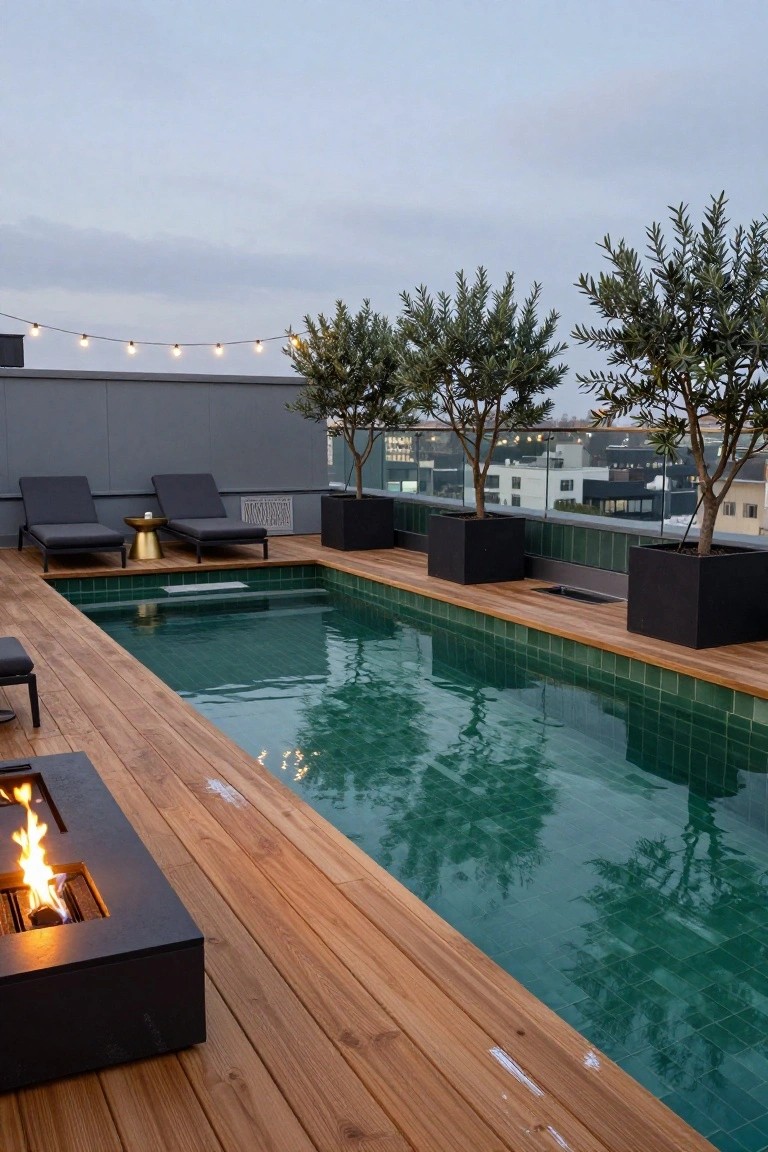 Rooftop pool area with rectangular in-ground pool lined in green glazed tiles, surrounded by wooden decking, two lounge chairs with gold side table, black fire pit, potted olive trees, and string lights overhead at dusk.