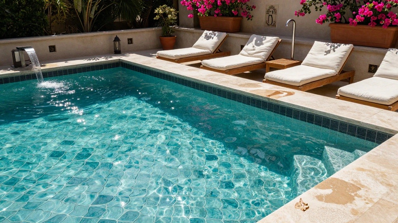 Small rectangular pool with turquoise scale-patterned mosaic tiles, travertine coping and decking, wooden loungers, potted plants, wall-mounted waterfall, and bougainvillea along beige walls.