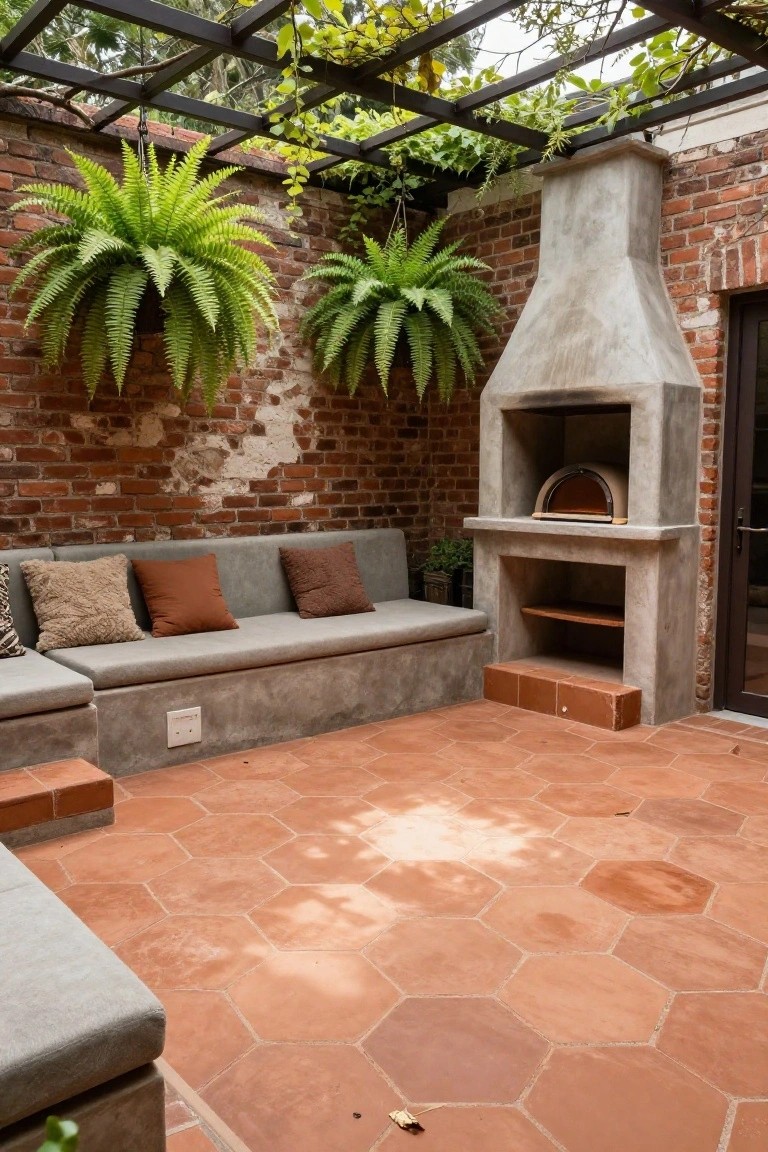 Outdoor courtyard patio featuring hexagonal terracotta floor tiles, built-in concrete bench with cushions, wood-fired pizza oven against exposed brick wall, hanging ferns, and vine-covered metal pergola structure with glass door nearby.