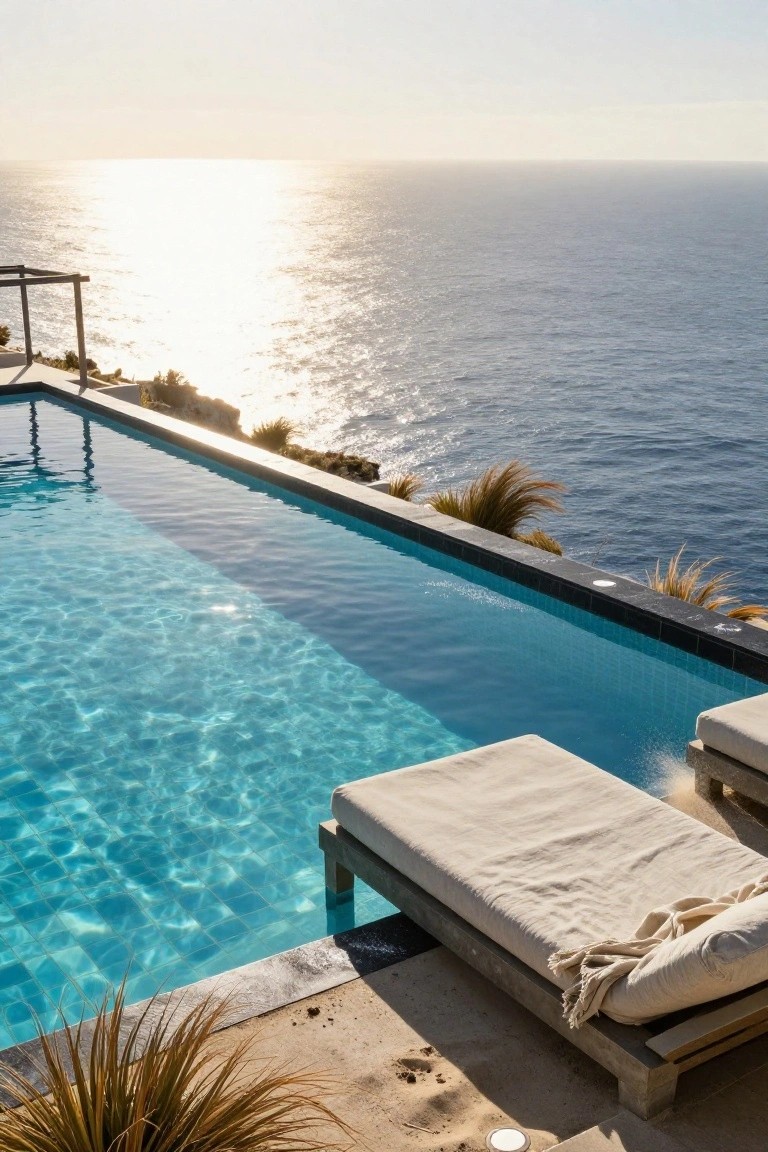 Cliffside infinity-edge pool with blue mosaic tiled interior, black stone coping, wooden lounge chairs with white cushions, grasses, and ocean horizon at sunset.