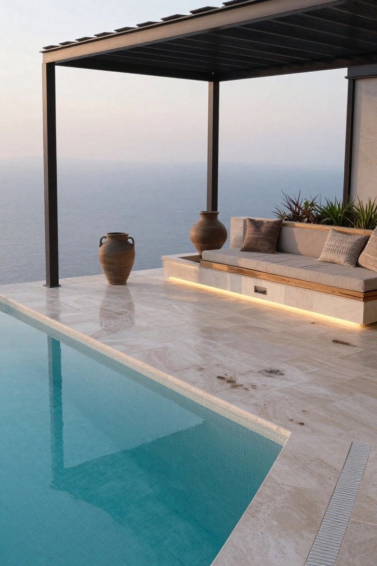 Outdoor infinity-edge pool with light veined marble tile decking, built-in wooden bench under black metal pergola, two large terracotta pots, and ocean view at dusk.