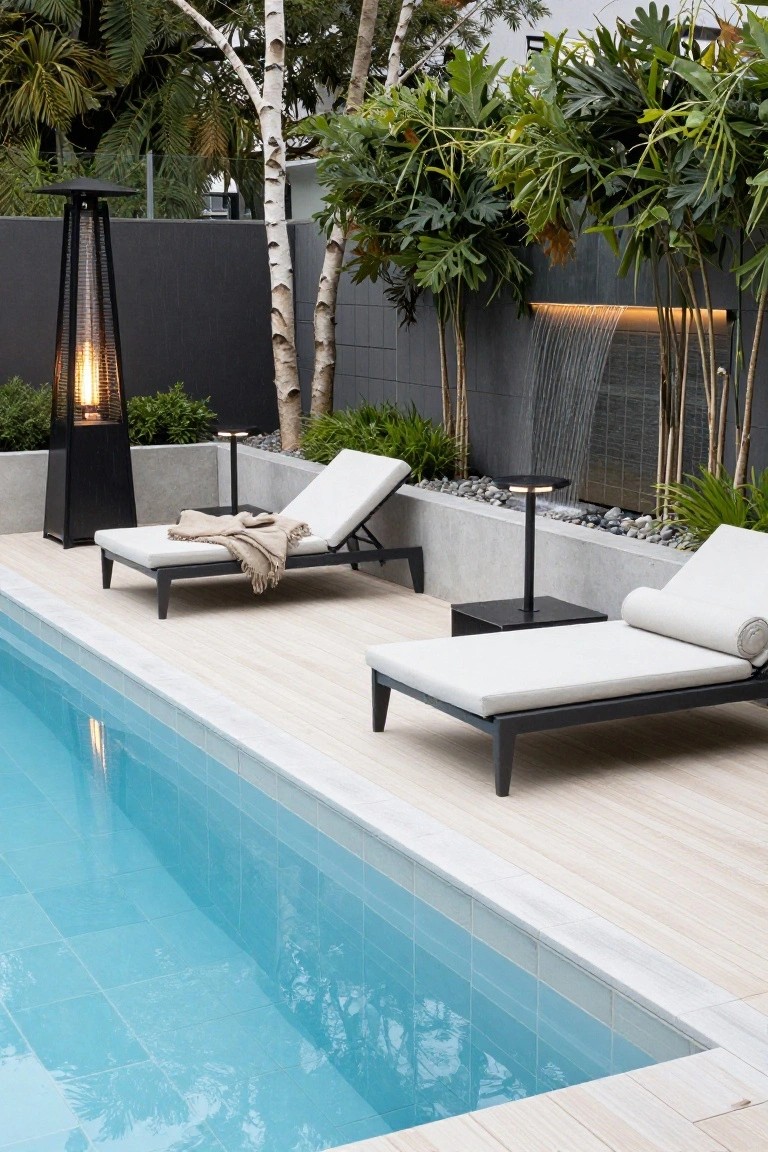 Outdoor pool with light blue tiled water, two white loungers with cushions on pale wood decking, tall black pyramid-shaped gas fire heater, water feature wall, tropical plants, and birch trees against a gray fence.