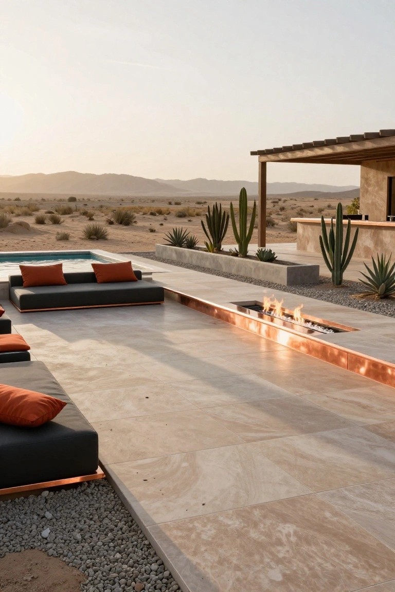Desert poolside patio with infinity-edge pool, low black outdoor sofas with orange cushions, linear copper-trimmed fire pit embedded in light beige stone tile deck, cacti planters, and distant mountains at sunset.