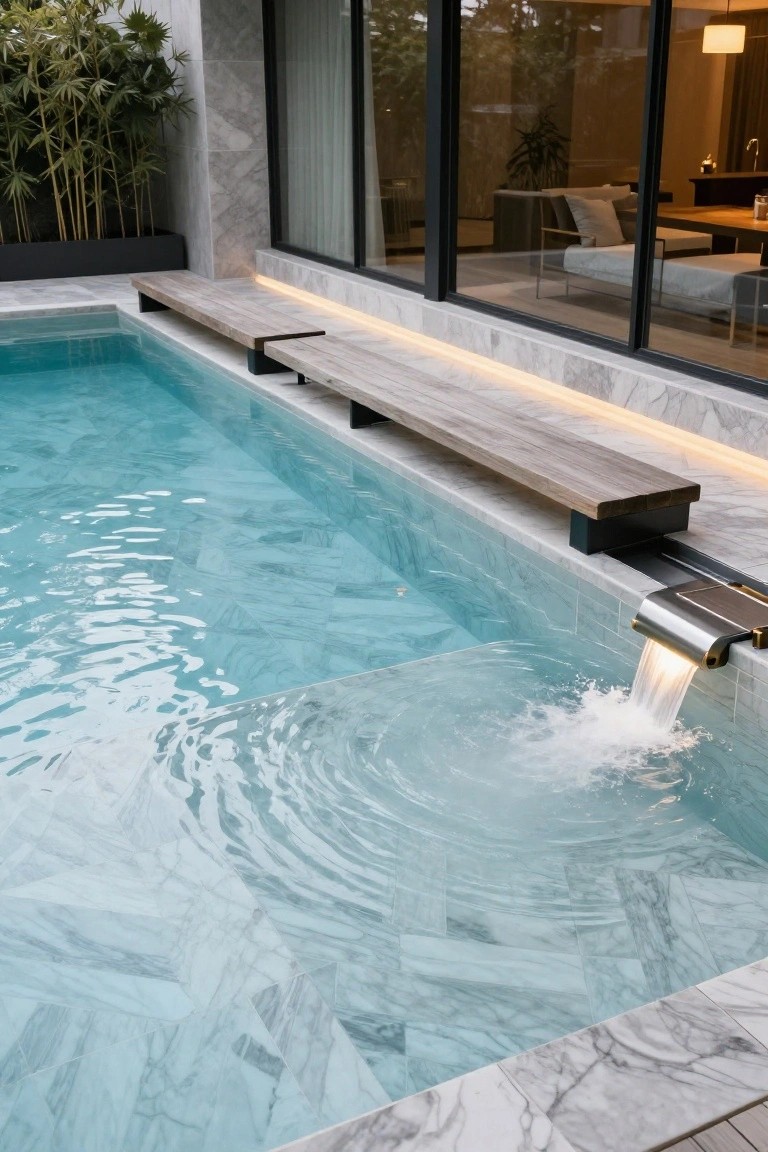 Rectangular pool with light blue water and white marble tiles on the bottom and surround, wooden benches along one edge, metallic waterfall spout pouring water into the pool, adjacent to modern glass house with indoor furniture visible.