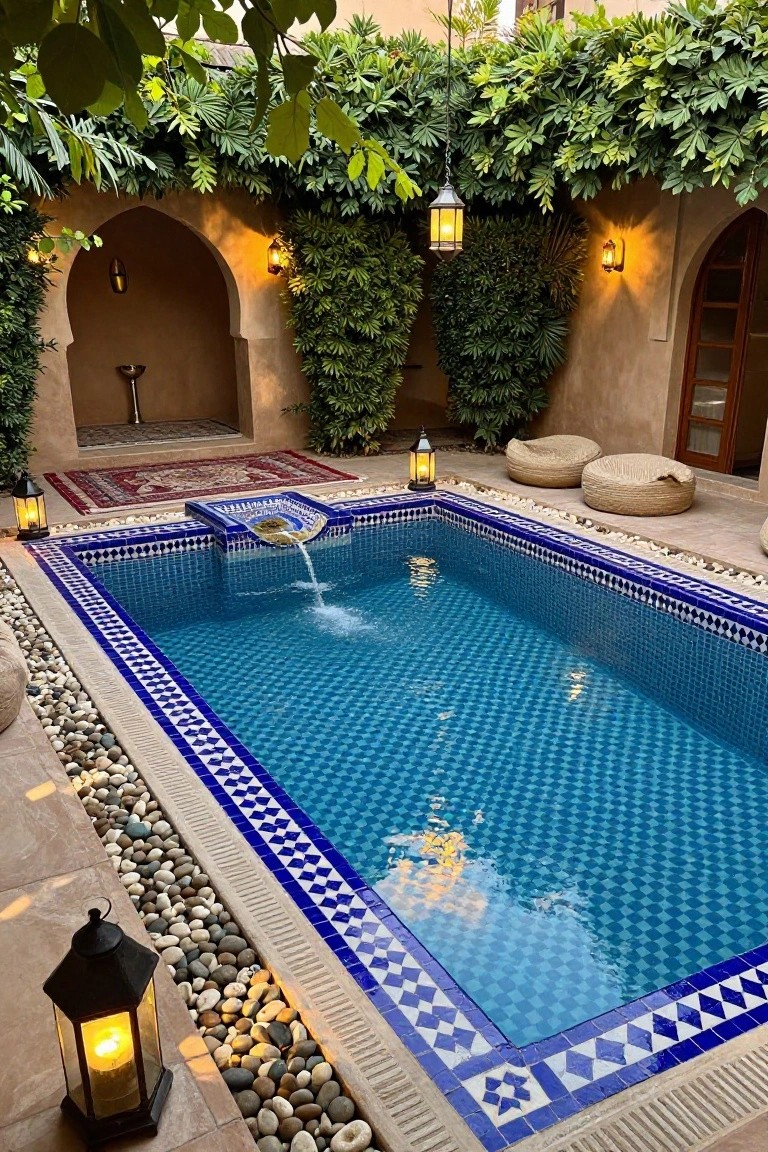 A rectangular pool with blue mosaic tiles and white geometric borders in a Moroccan-style courtyard with greenery, arches, lanterns, rugs, and woven poufs.