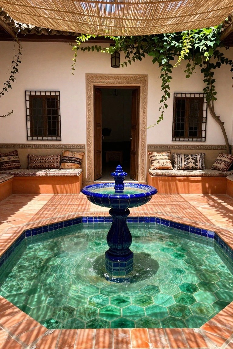 Central blue ceramic fountain in an octagonal basin with green hexagonal tiles, surrounded by terracotta benches in a shaded white-walled courtyard with vine-covered arches.