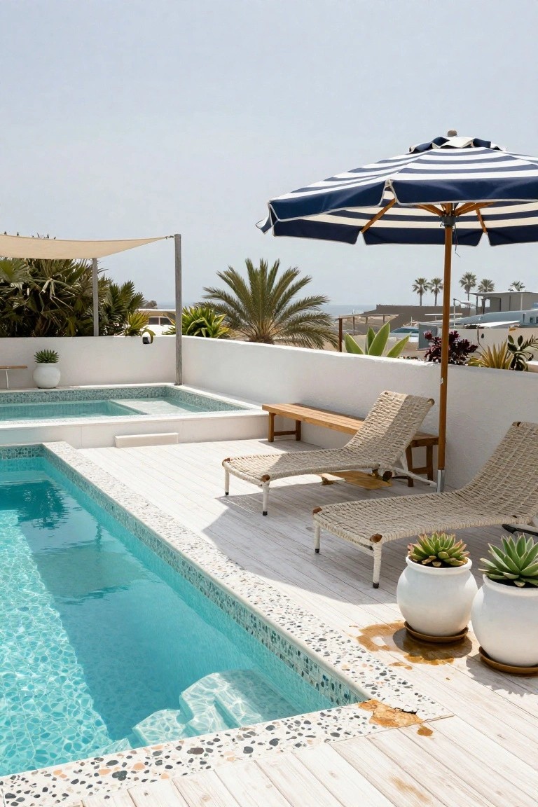 Rooftop pool with white mosaic tile edging containing colorful pebbles, wooden decking, rattan loungers, potted succulents, blue-striped umbrella, and distant ocean view.
