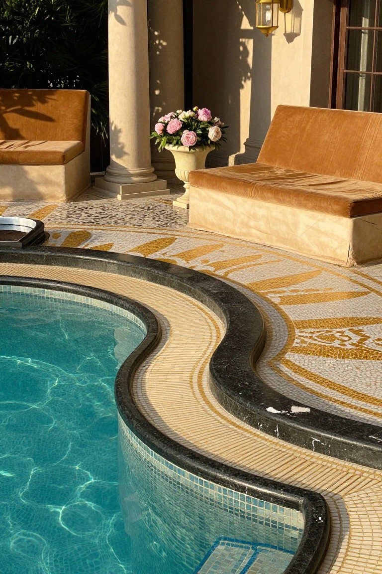 Curved pool edge with black marble trim, iridescent blue pool tiles, and surrounding beige deck featuring intricate gold mosaic patterns, plus nearby tan upholstered benches, potted pink roses, and classical columns.