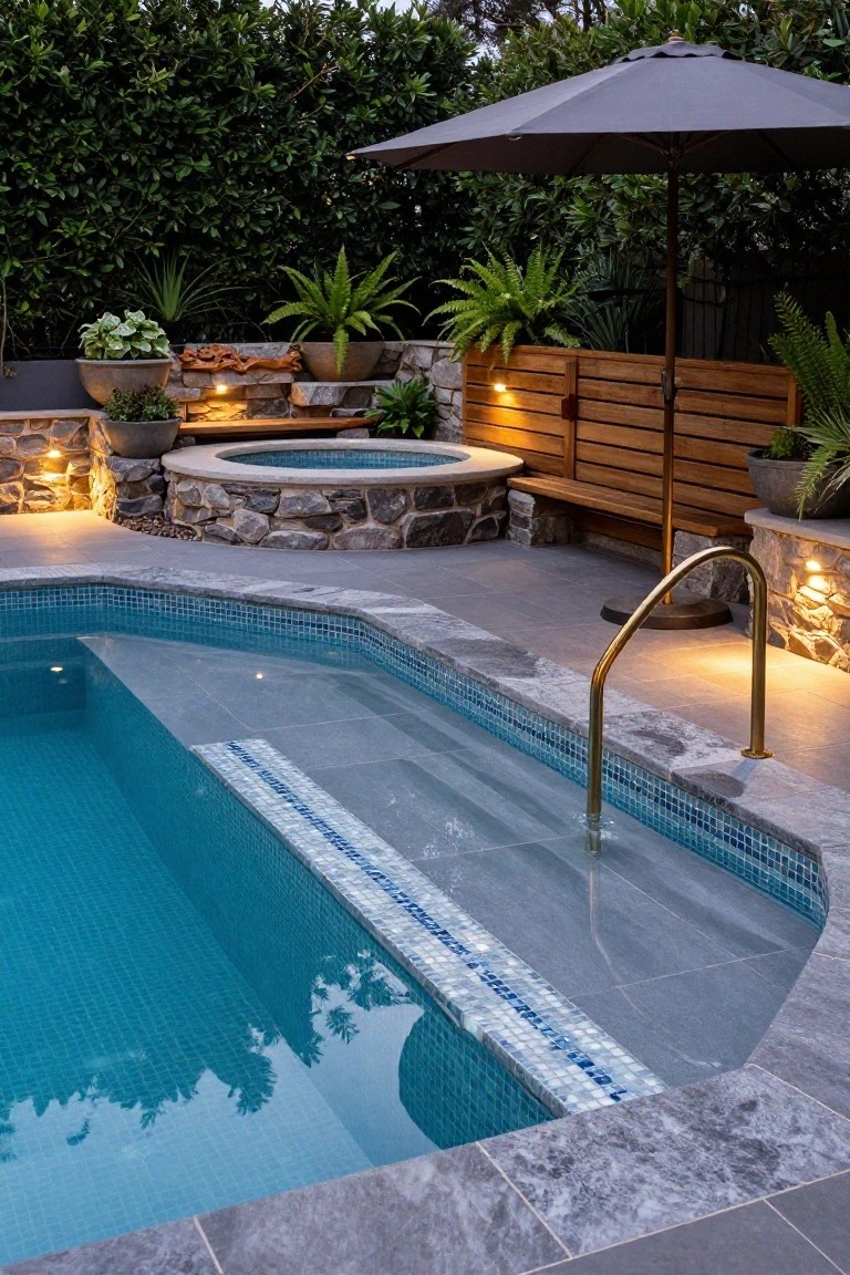 Backyard pool with turquoise glass mosaic tile strip on the entry step, adjacent round spa, gray paver decking, stone walls, timber screen, plants, umbrella, and dusk lighting.