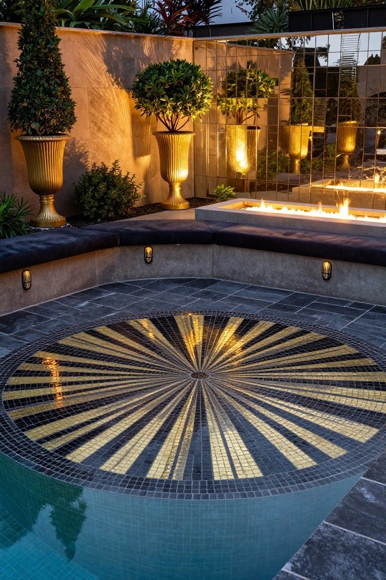 Circular pool with black and gold radial sunburst mosaic tile floor surrounded by dark tiled deck, cushioned bench seating, linear gas fire pit, gold urn planters with topiary, and mirrored fence panels in a landscaped backyard at dusk.