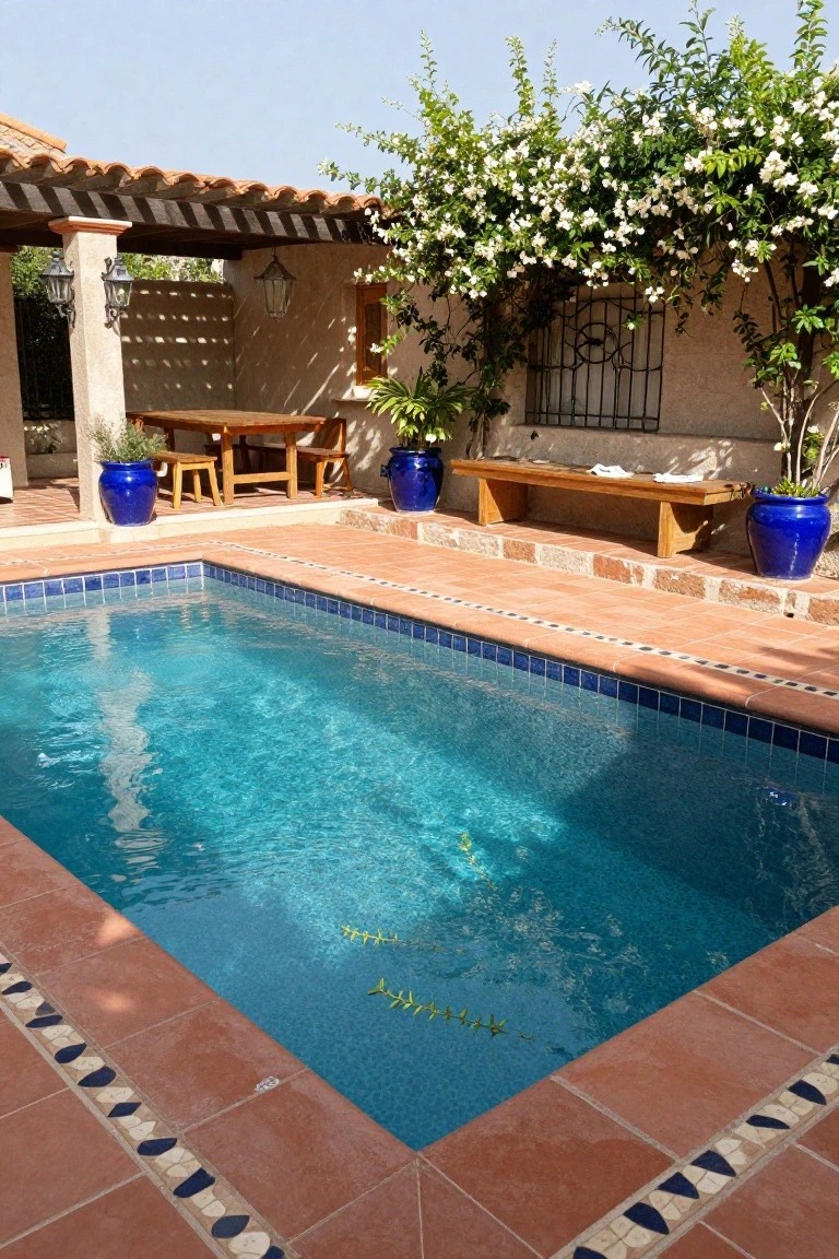 Small rectangular pool with blue tiles and water, surrounded by terracotta decking edged in blue mosaic tiles, wooden table and benches, blue pots with plants, pergola, and white flowering vines on a stucco wall.