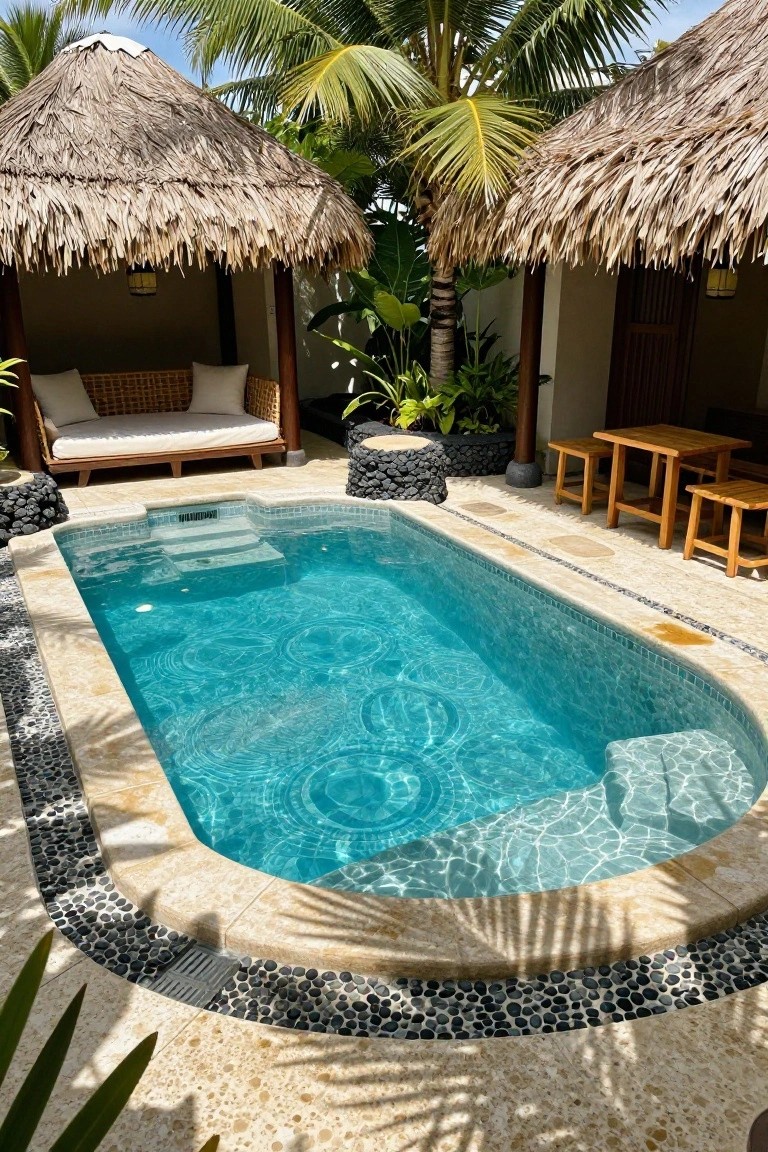 A small rectangular plunge pool with blue mosaic tiles sits in a travertine deck edged with black pebbles, surrounded by thatched-roof seating areas, wooden furniture, and tropical plants under palm trees.