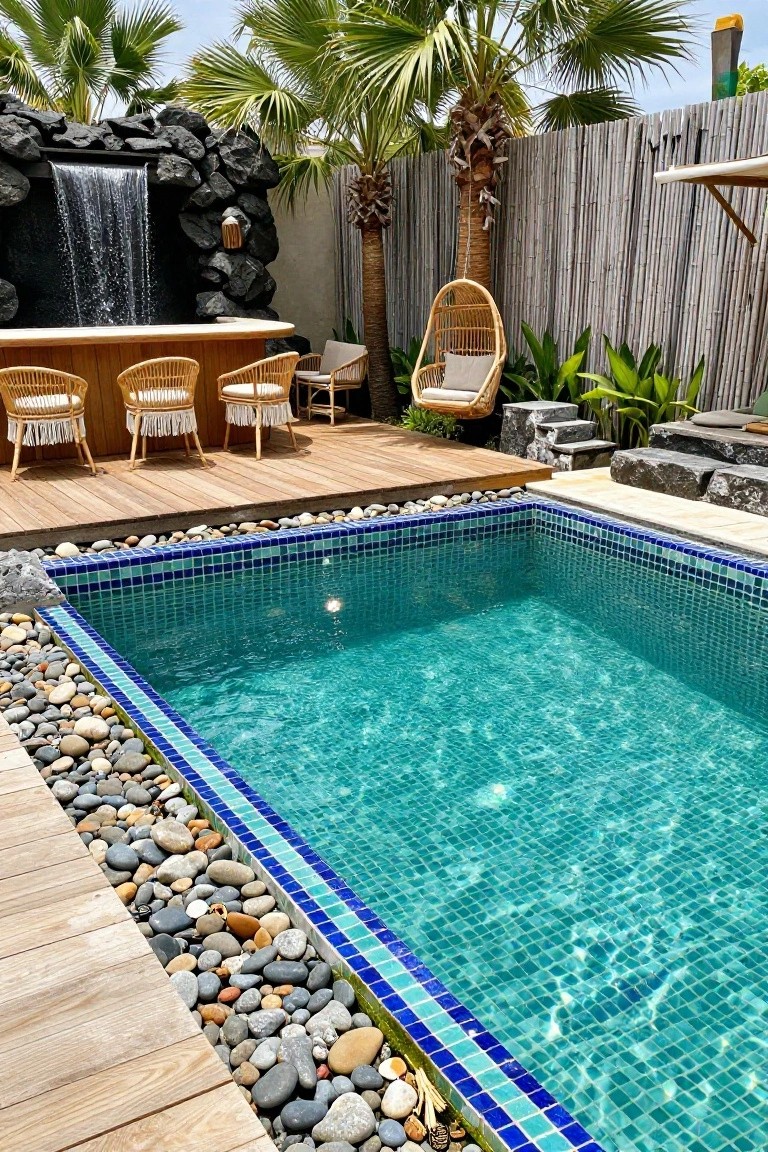 Rectangular in-ground pool with turquoise mosaic tiles, blue tile border, and pebble edging along a wooden deck, next to a bar with rattan chairs, hanging egg chair, rock waterfall, palms, and bamboo fencing.