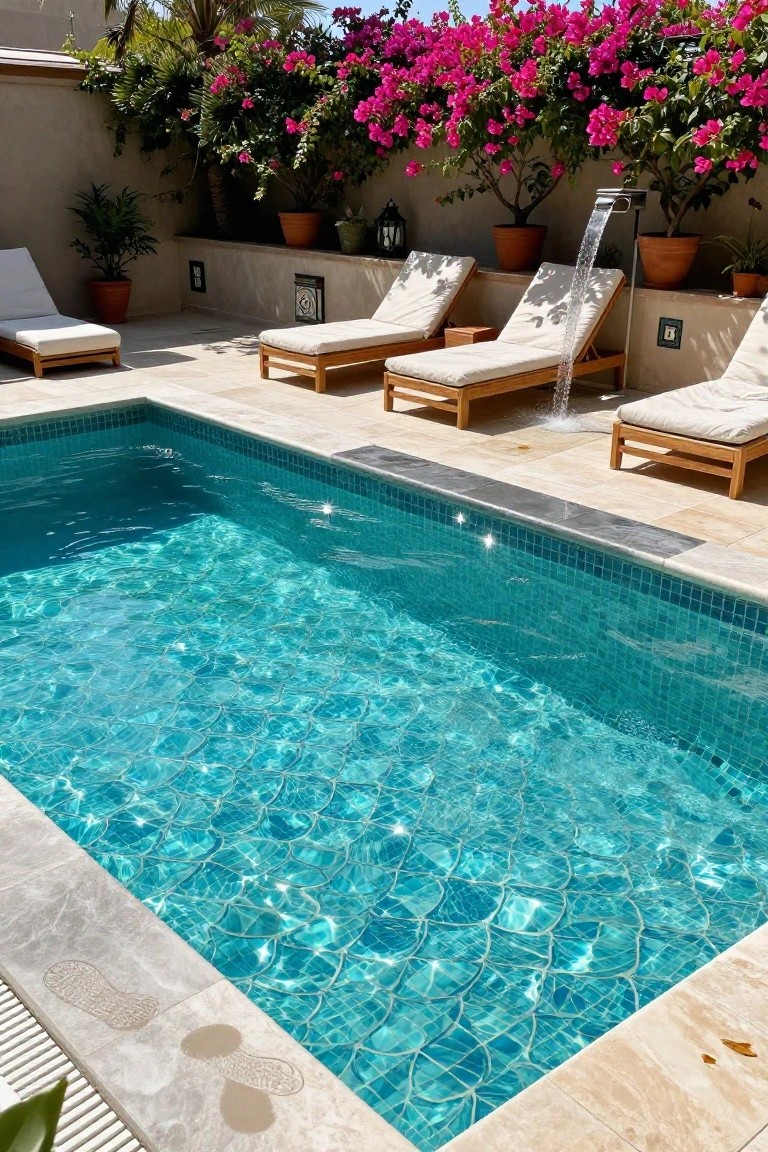 Small rectangular pool with turquoise scale-patterned mosaic tiles, travertine coping and decking, wooden loungers, potted plants, wall-mounted waterfall, and bougainvillea along beige walls.