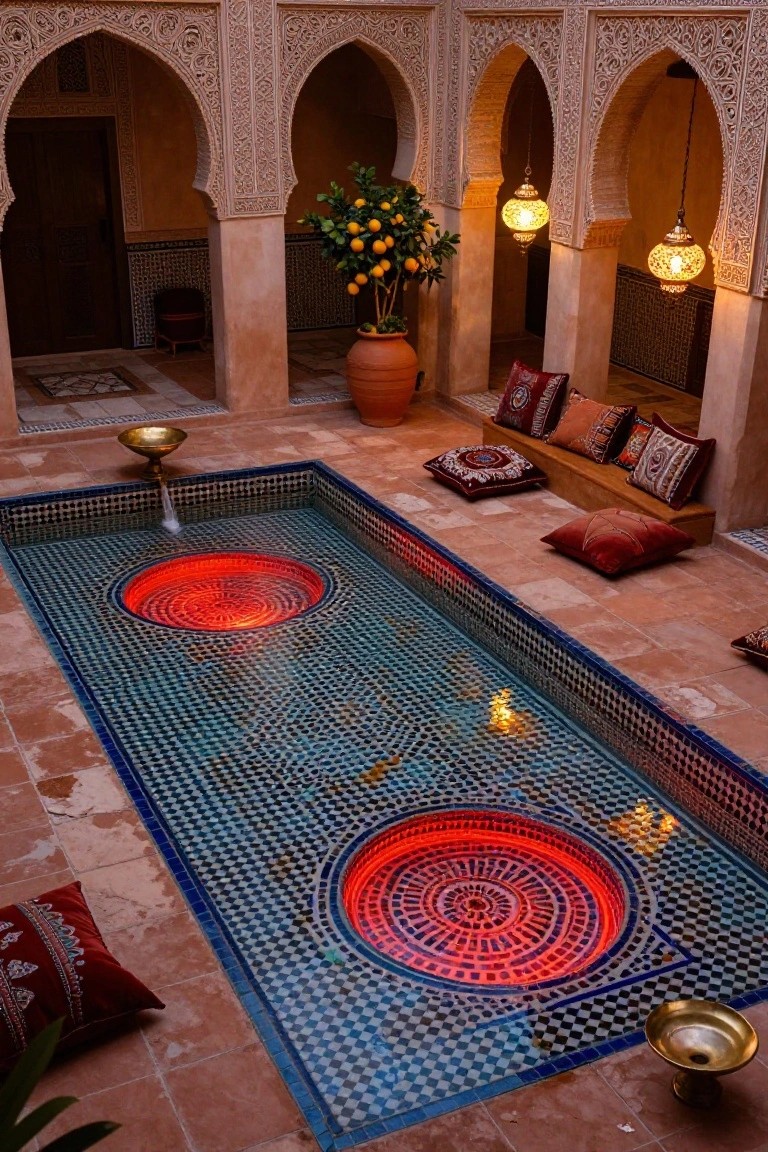 Overhead view of an enclosed Moroccan-style courtyard featuring a rectangular pool with blue zellige mosaic tiles and two red-illuminated circular designs in the floor, surrounded by arched walls, terracotta flooring, hanging lanterns, potted orange tree, and cushioned benches.