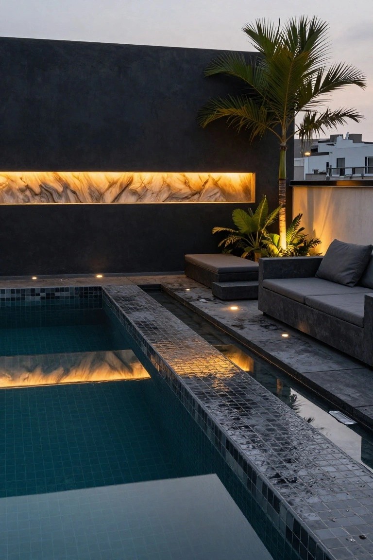 24 Luxury Pool Lighting Ideas That Feel Like a High End Resort Rooftop pool area at dusk featuring a teal mosaic-tiled infinity pool, dark stucco wall with horizontal backlit veined stone panel, low gray outdoor sofas, potted palm trees, and recessed ground lights.