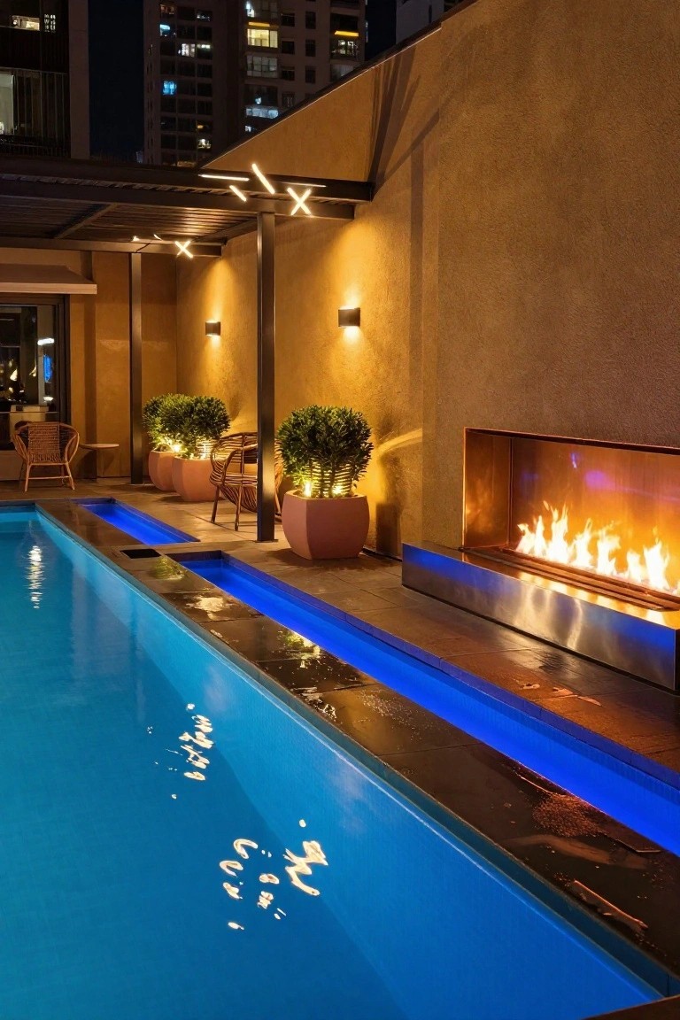 24 Luxury Pool Lighting Ideas That Feel Like a High End Resort Nighttime rooftop pool area with blue underwater edge lighting, a long linear copper fire pit with flames along one side, potted boxwood plants, wicker chairs, and warm wall lights against a city skyline backdrop.