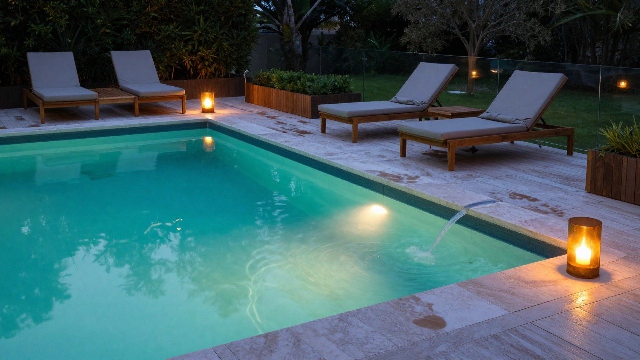 Rectangular turquoise pool at dusk with soft lighting from several brass lanterns holding candles placed along the tiled deck, two loungers nearby, glass pool fence, hedges, and distant trees.