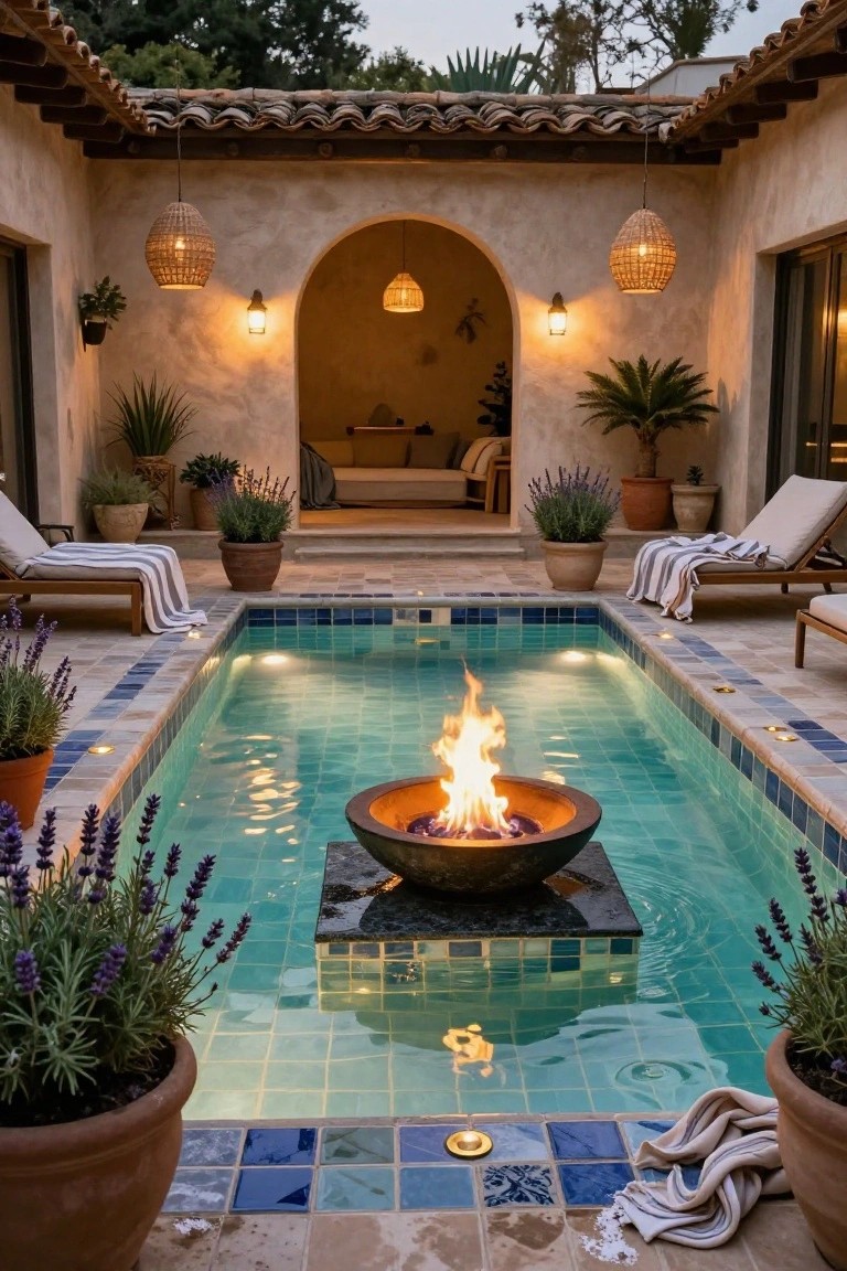24 Luxury Pool Lighting Ideas That Feel Like a High End Resort Small rectangular pool with turquoise tiles and a central raised terracotta fire bowl with burning flames, surrounded by terracotta pavers, potted lavender plants, lounge chairs with towels, and hanging lantern lights in a stucco-walled courtyard at dusk.