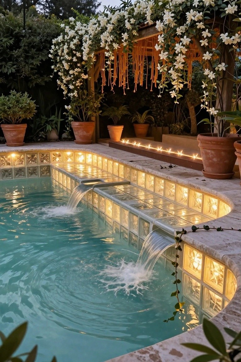 24 Luxury Pool Lighting Ideas That Feel Like a High End Resort Small curved pool with illuminated glass block tiles along the edges and under a double waterfall, terracotta pots with plants, white flowering vines on a wooden arbor, and string lights at dusk.