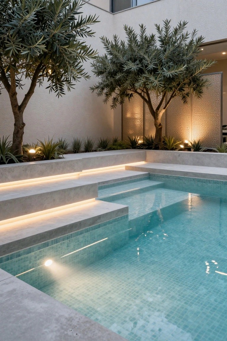 24 Luxury Pool Lighting Ideas That Feel Like a High End Resort Close-up view of a turquoise-tiled pool with wide concrete steps edged in thin LED light strips, flanked by potted olive trees, agave plants, and backlit metal screens against light beige walls.