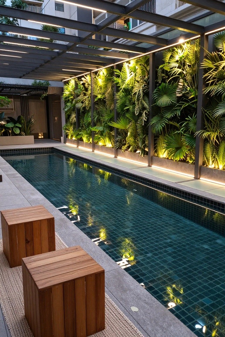24 Luxury Pool Lighting Ideas That Feel Like a High End Resort A narrow rectangular pool with dark teal mosaic tiles, illuminated by continuous slim LED light strips along the edges, flanked by vertical green plant walls with integrated lighting and two wooden cube stools on the concrete deck.
