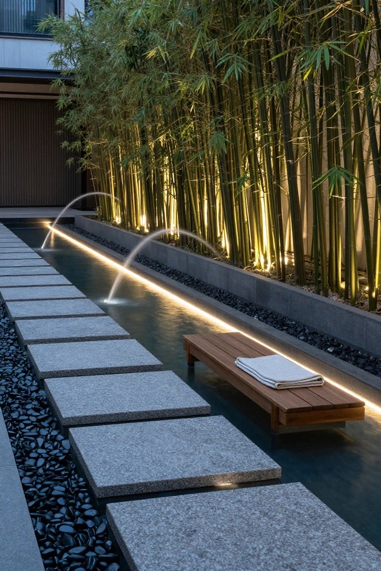 24 Luxury Pool Lighting Ideas That Feel Like a High End Resort Narrow rectangular outdoor water channel with underwater LED lighting, stone stepping slabs across it, two water jets arcing over the surface, wooden bench with towel beside it, black gravel borders, and tall bamboo plants along one side.