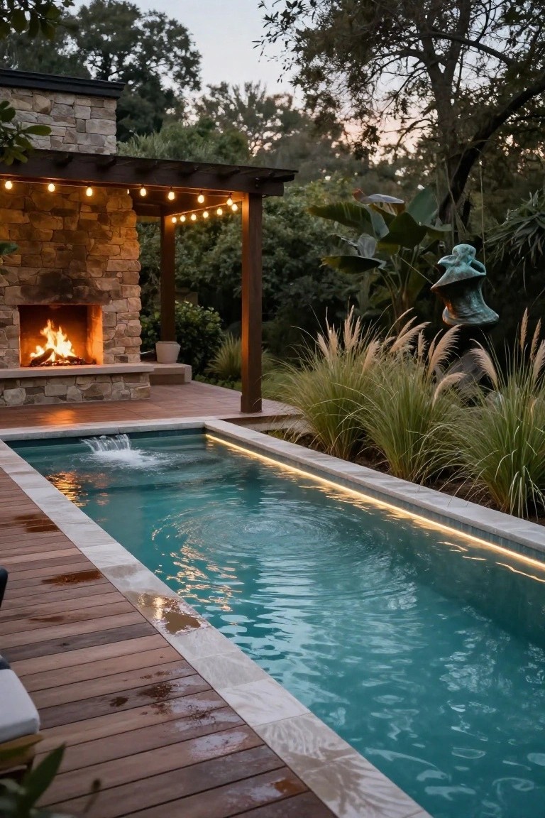 24 Luxury Pool Lighting Ideas That Feel Like a High End Resort Rectangular lap pool with glowing LED edge lights, wooden decking, adjacent stone outdoor fireplace with fire, pergola strung with lights, bronze sculpture, pampas grass, and trees at dusk.