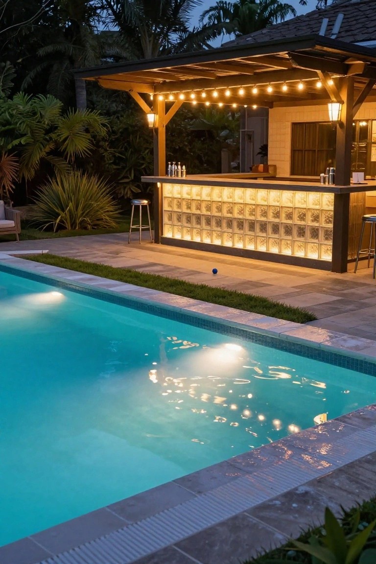 24 Luxury Pool Lighting Ideas That Feel Like a High End Resort Nighttime view of an outdoor pool with turquoise water and underwater lights, adjacent to a wooden pergola-covered bar featuring string lights overhead, backlit glass block wall, bar stools, bottles on the counter, tropical plants, and pavers.
