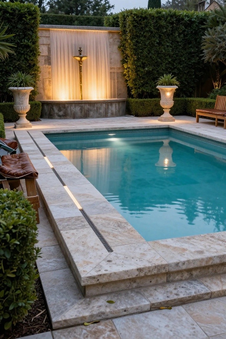 24 Luxury Pool Lighting Ideas That Feel Like a High End Resort Rectangular turquoise pool at dusk with thin LED strip lights glowing along the beige stone coping edges, a lit waterfall fountain and golden lamp against a hedge wall in the background, potted urns and wooden benches nearby.