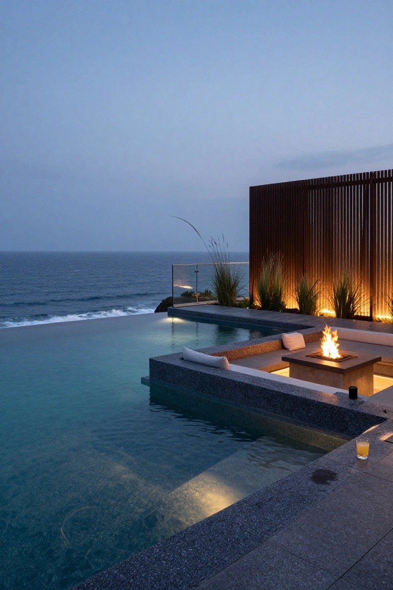 24 Luxury Pool Lighting Ideas That Feel Like a High End Resort Infinity edge pool at dusk overlooking ocean waves, with adjacent built-in gray stone seating nook containing square fire pit, illuminated tall grasses, rusted metal slat screen, and glass railing.