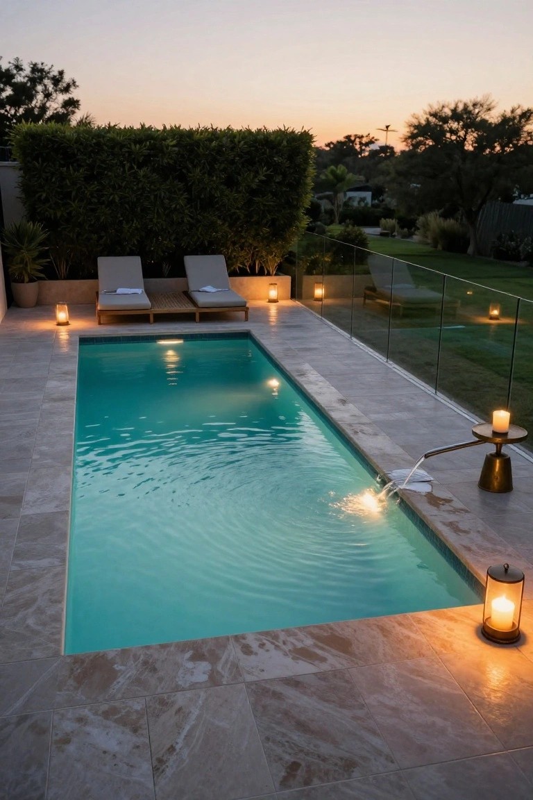 24 Luxury Pool Lighting Ideas That Feel Like a High End Resort Rectangular turquoise pool at dusk with soft lighting from several brass lanterns holding candles placed along the tiled deck, two loungers nearby, glass pool fence, hedges, and distant trees.