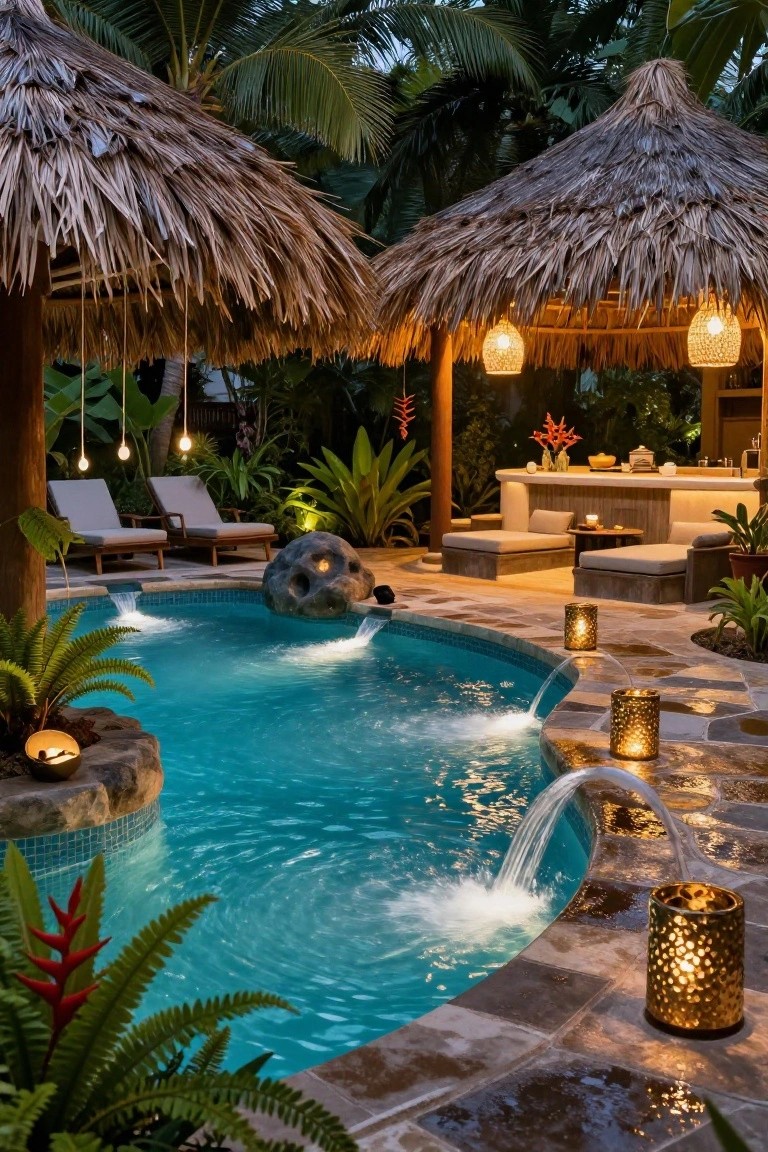 24 Luxury Pool Lighting Ideas That Feel Like a High End Resort Tropical pool area at night with thatched roof structures, hanging string lights, ground lanterns, loungers, bar counter, and surrounding plants.