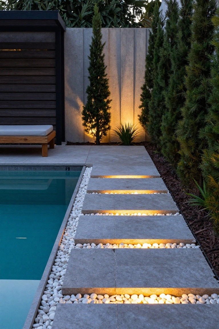 24 Luxury Pool Lighting Ideas That Feel Like a High End Resort Gray stone slabs with recessed lighting form a pathway along a turquoise pool edge lined with white pebbles, flanked by tall conifers, agave plants, and a wooden daybed against a concrete wall.