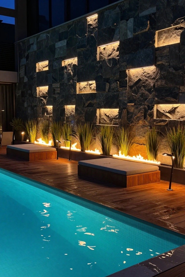 24 Luxury Pool Lighting Ideas That Feel Like a High End Resort Nighttime outdoor pool area with wooden deck, two white cushioned lounge beds, tall ornamental grasses edged with flames, black metal lanterns, and dark stone wall with multiple recessed glowing lights beside the glowing blue pool.
