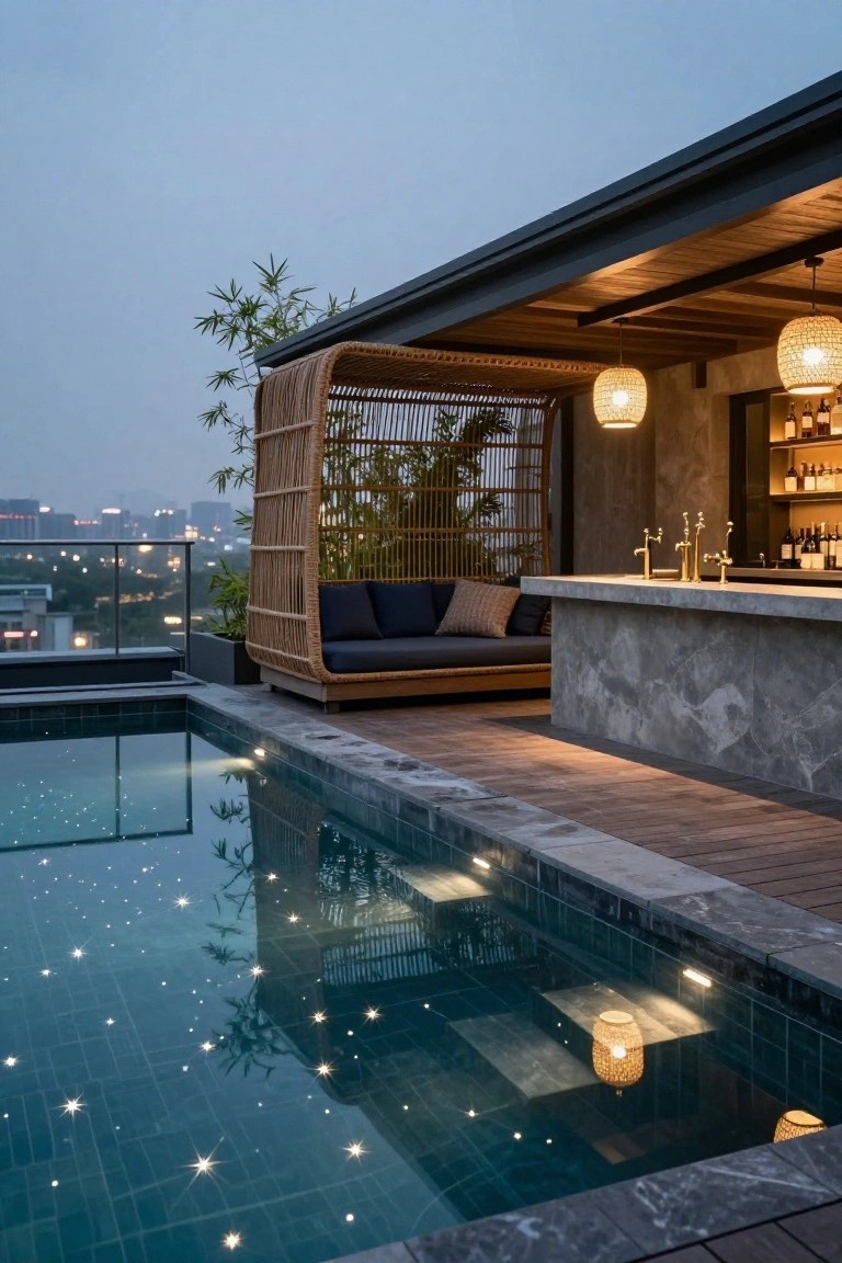 24 Luxury Pool Lighting Ideas That Feel Like a High End Resort Rooftop pool area at dusk with underwater lights creating starry reflections on teal tiles, woven bamboo pergola lounge with navy cushions, stone bar with brass taps and bottles, hanging rattan lanterns, and bamboo plants overlooking city lights.