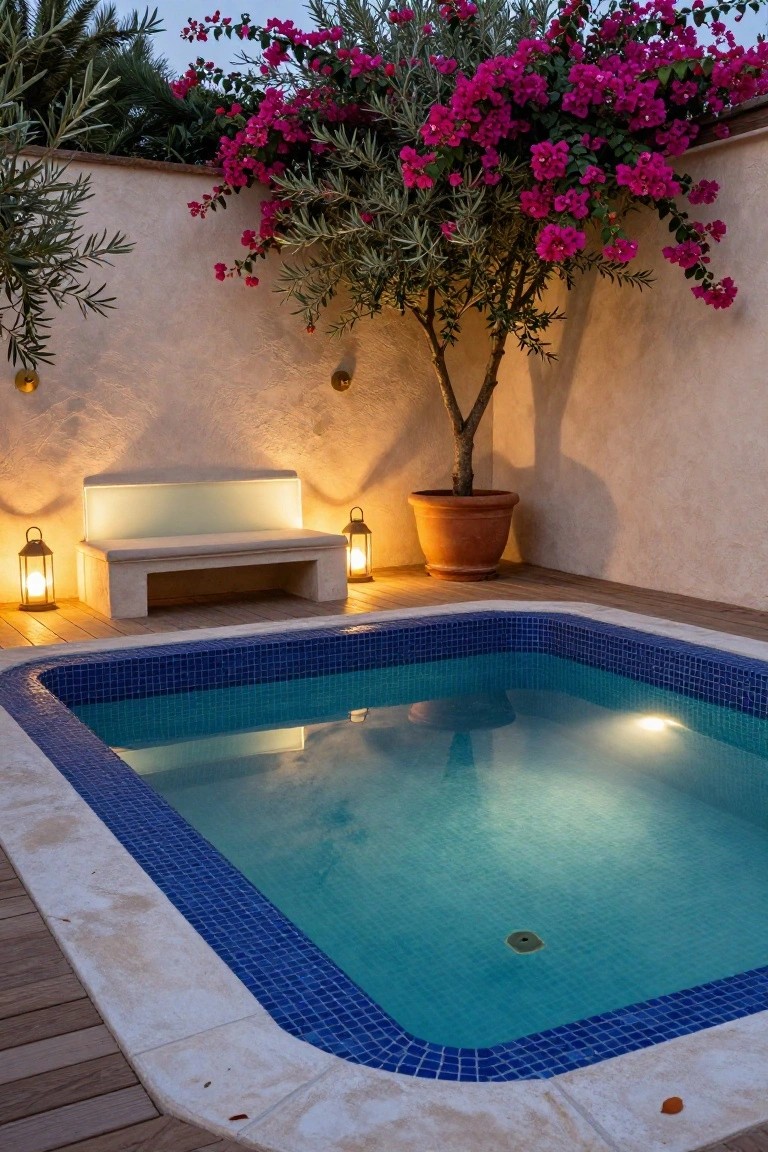 24 Luxury Pool Lighting Ideas That Feel Like a High End Resort Small rectangular pool with blue mosaic tiles lit from below, flanked by a low stone bench and two lit terracotta lanterns on a wooden deck, with potted olive tree, bougainvillea vines on beige wall, and palm trees in evening light.