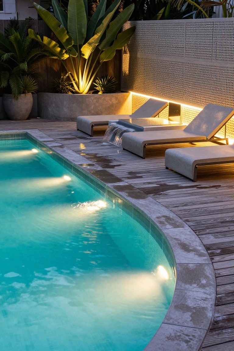24 Luxury Pool Lighting Ideas That Feel Like a High End Resort Nighttime photo of a curved turquoise pool with glowing underwater lights, wooden deck with wet-look surface and several beige loungers, LED strips lighting edges and nearby walls, potted plants, and tall tropical leaves against a screened fence.