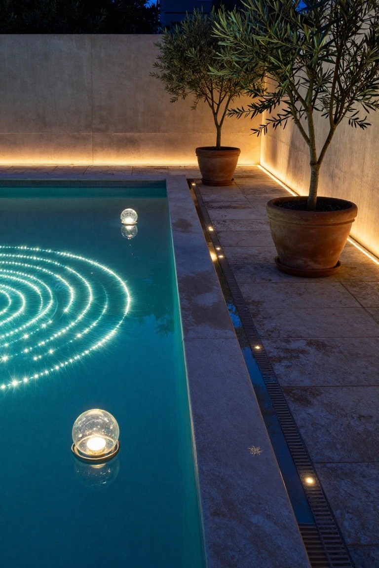 24 Luxury Pool Lighting Ideas That Feel Like a High End Resort Nighttime view of a rectangular pool with turquoise water featuring glowing concentric circles from underwater lights, two floating glass lanterns with candles, LED strips along the pool edge and deck, two potted olive trees, and a beige stucco wall.