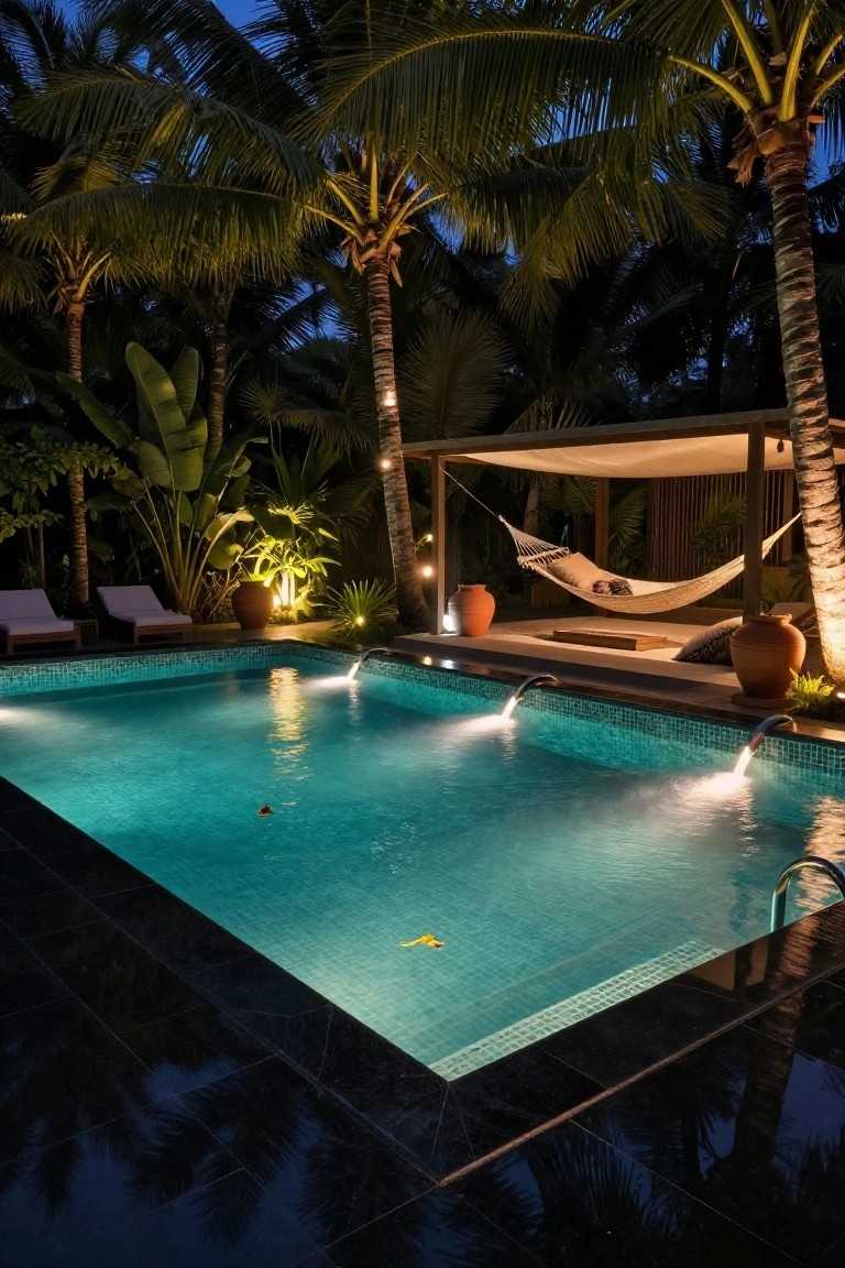 24 Luxury Pool Lighting Ideas That Feel Like a High End Resort Nighttime photo of a turquoise-tiled rectangular pool with underwater lighting and water features, surrounded by uplighted palm trees, tropical plants, lounge chairs, a hammock under a pergola structure, and terracotta pots.