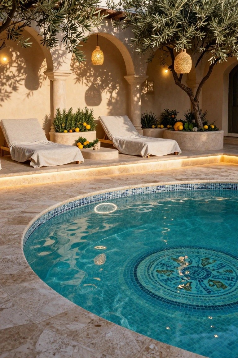 24 Luxury Pool Lighting Ideas That Feel Like a High End Resort Curved turquoise pool with blue mosaic medallion at the bottom, travertine decking, two white-covered loungers nearby, potted citrus plants, olive trees, beige arches with hanging woven lanterns, and warm ambient lighting in the evening.