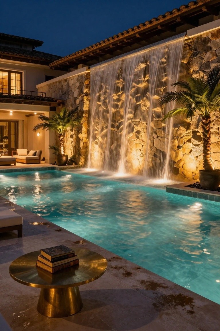 24 Luxury Pool Lighting Ideas That Feel Like a High End Resort Night view of an infinity-edge pool with a tall stone waterfall wall illuminated by warm uplights cascading into the water, flanked by palm trees, lounge chairs, and a gold side table with books on a tiled patio.