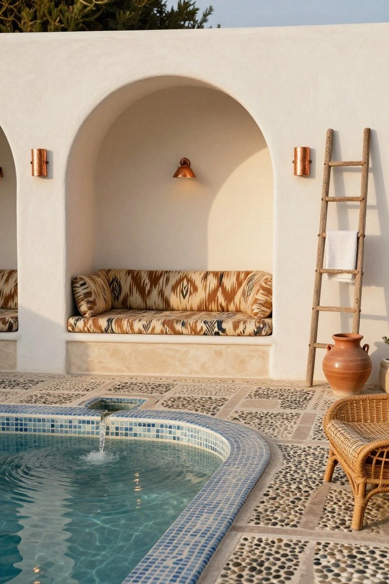 White stucco wall with arched alcove containing cushioned bench, wooden ladder draped with towel, terracotta pot, potted plant, rattan chair, and edge of blue mosaic-tiled pool with fountain on pebble patio.
