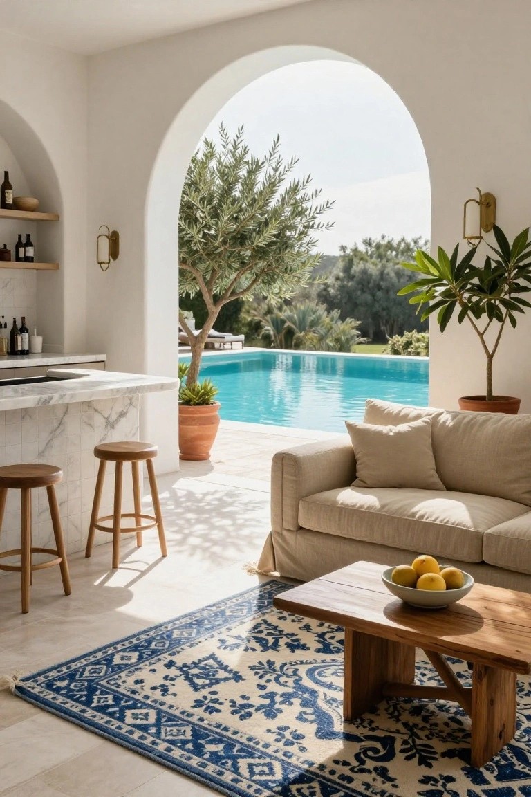 White stucco pool cabana interior with marble kitchen bar, wooden bar stools, beige sofa, wooden coffee table holding lemons, potted plants, and large arched opening overlooking blue swimming pool with olive trees.