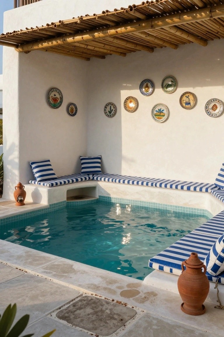 White stucco outdoor cabana with bamboo ceiling, colorful ceramic plates on walls, built-in benches with blue striped cushions surrounding a small turquoise tiled plunge pool, and terracotta pots nearby.
