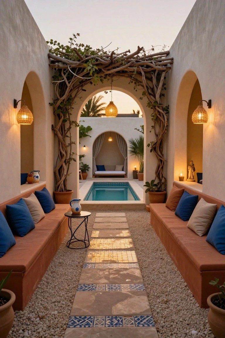 Narrow outdoor courtyard with beige stucco walls and arched entry, featuring a central pebbled path with blue mosaic tiles flanked by long terracotta built-in benches piled with blue pillows, leading through a vine-covered wooden pergola to a small turquoise rectangular pool, with rattan lanterns and potted plants.